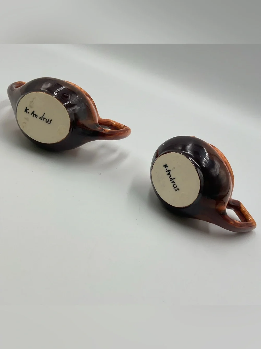 Retro Vintage Brown Drip Glaze Cream & Sugar Set Cat Eyes MCM Signed Pottery